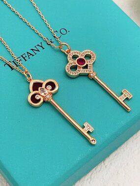 Tiffany & Co. Keys Heart Key Pendant Necklace Rose Gold Tone Red Enamel w/ Chain